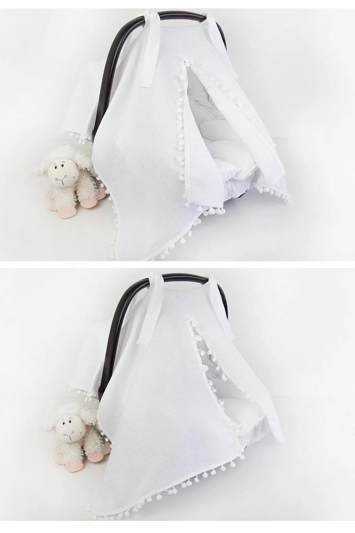 3lu Puset Ortusu/bebek Araba Ortusu - Puset Minderi - Puset Carsafi Beyaz Muslin Ponponlu BabyNest