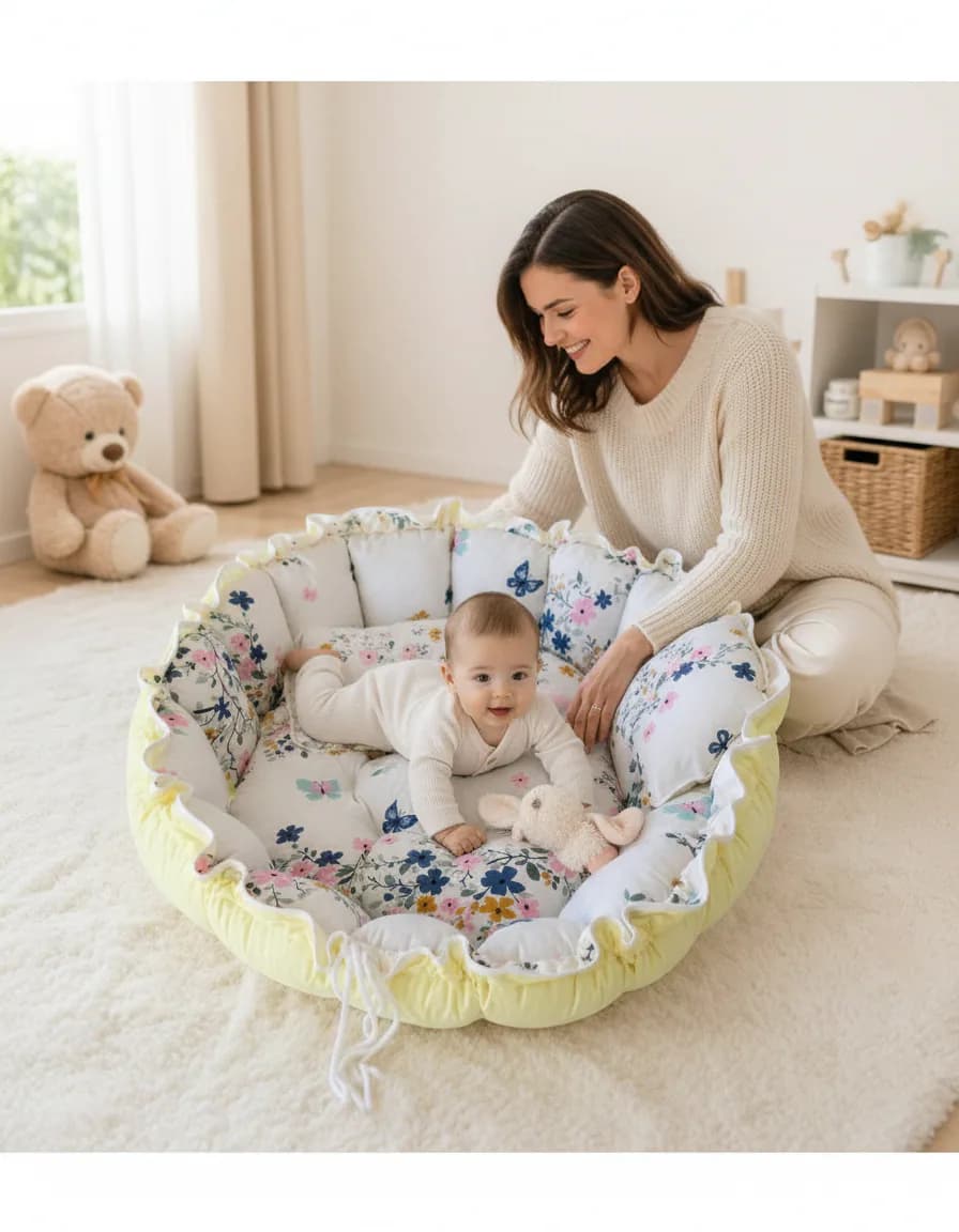 Sarı Çiçekli Yuvarlak Oyun Minderi ve Mini Yastık