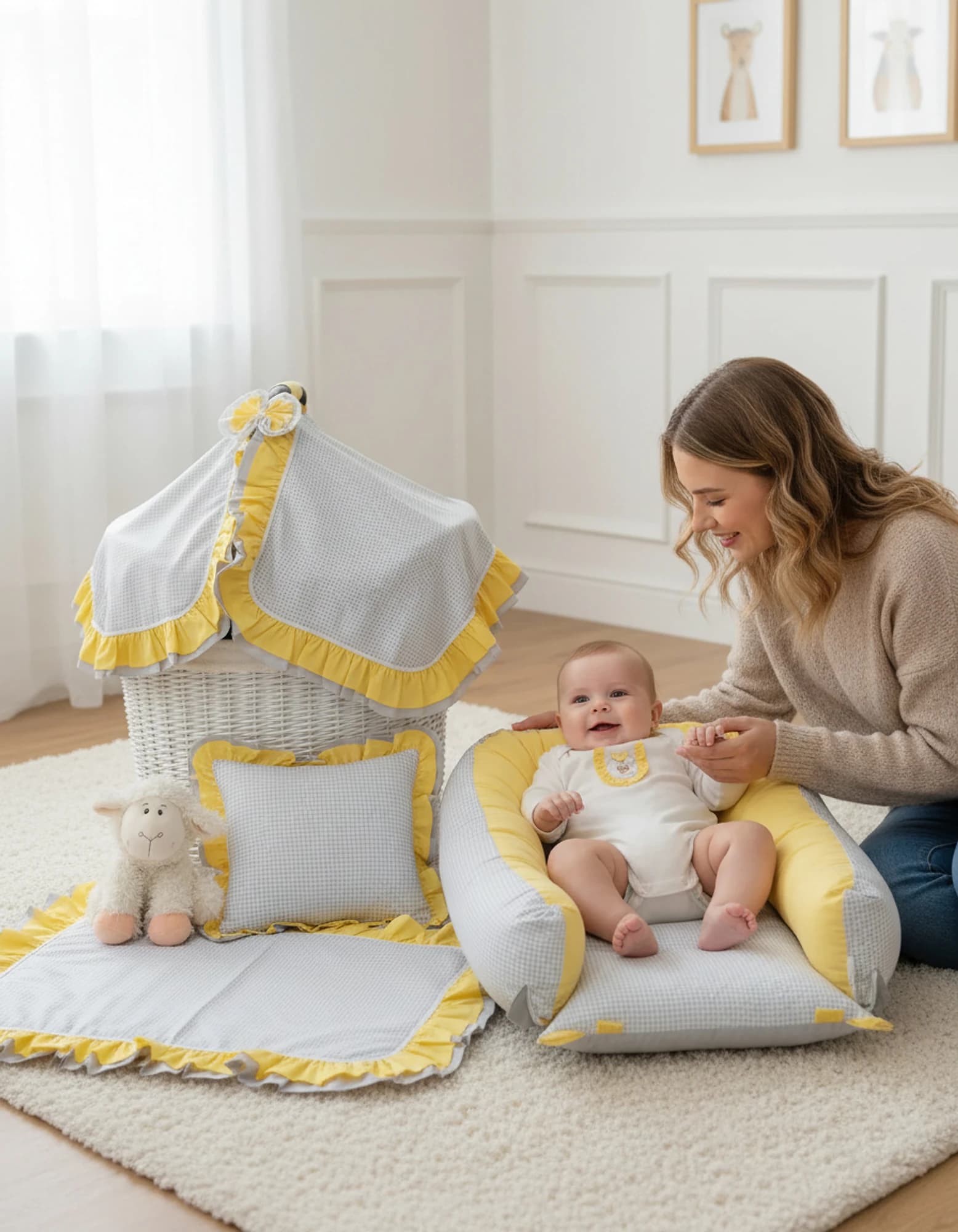 Tek Puset Ortusu %100 Pamuk Cift Kat Firfirli Gri Ekose Ve Sari BabyNest görsel 4