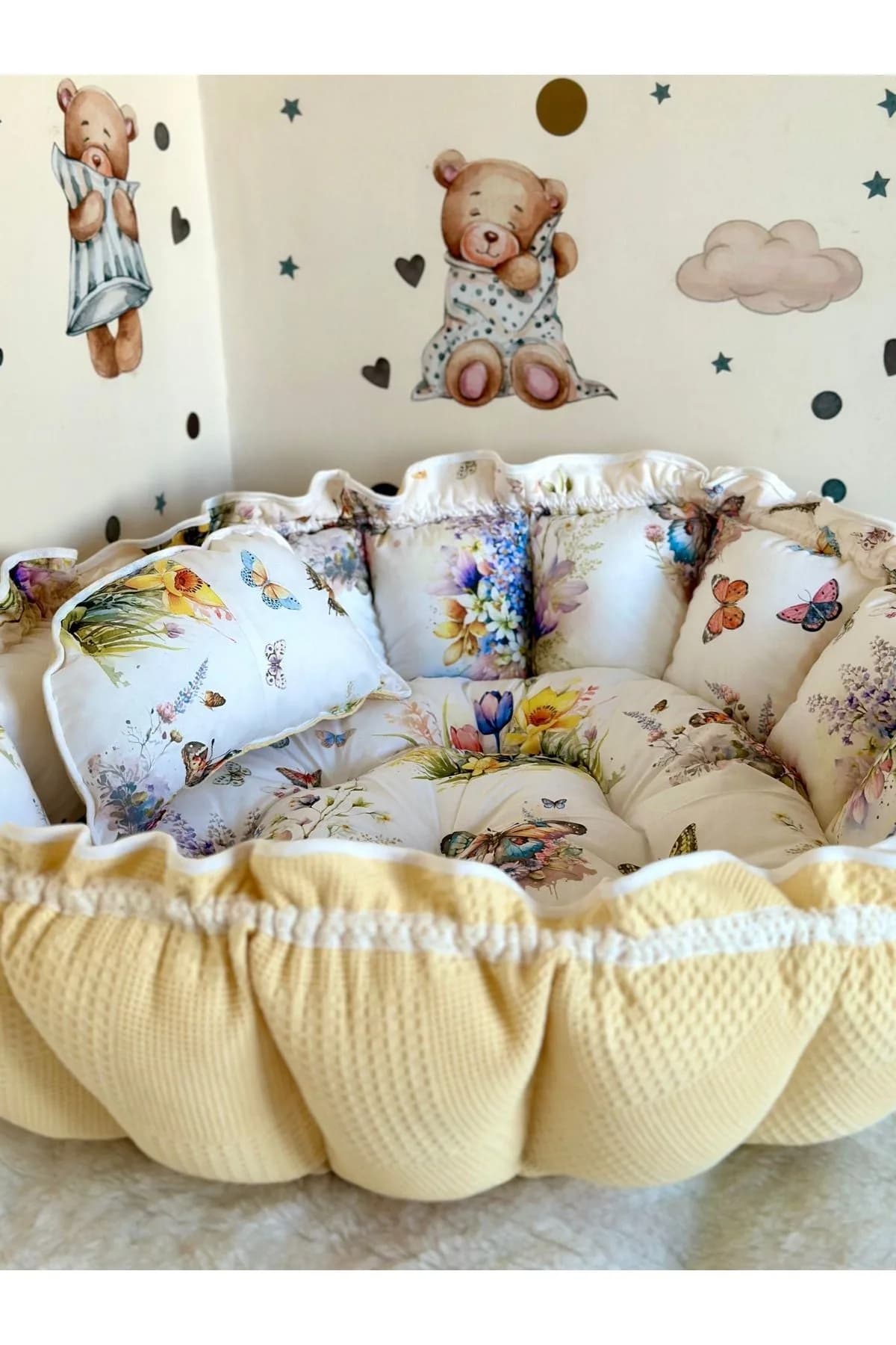 Yuvarlak Yatak/oyun Minderi Ve Yastigi SARI PIKELI KELEBEK MODEL BabyNest