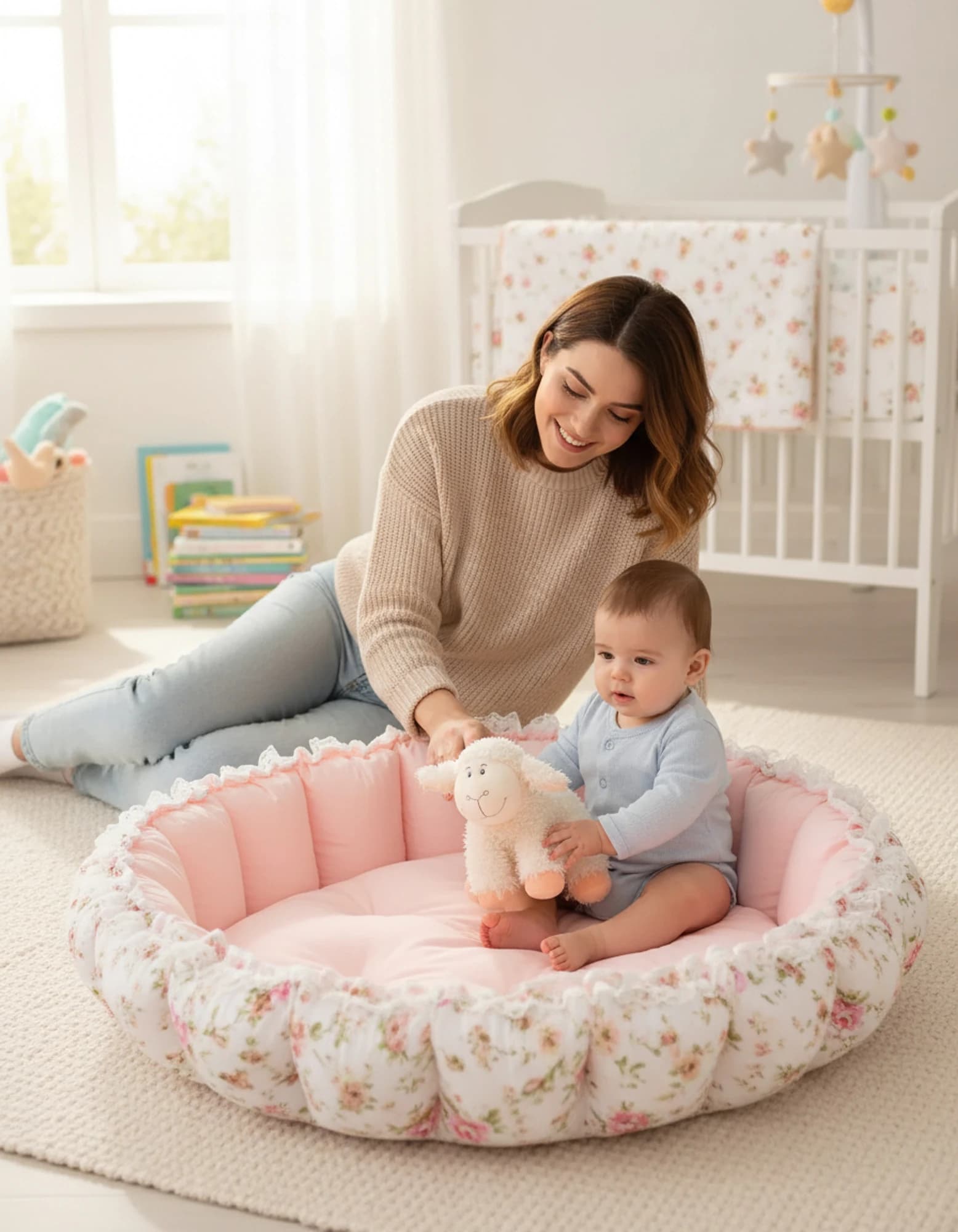 Oyun Minderi Toz pembe ve çiçekli