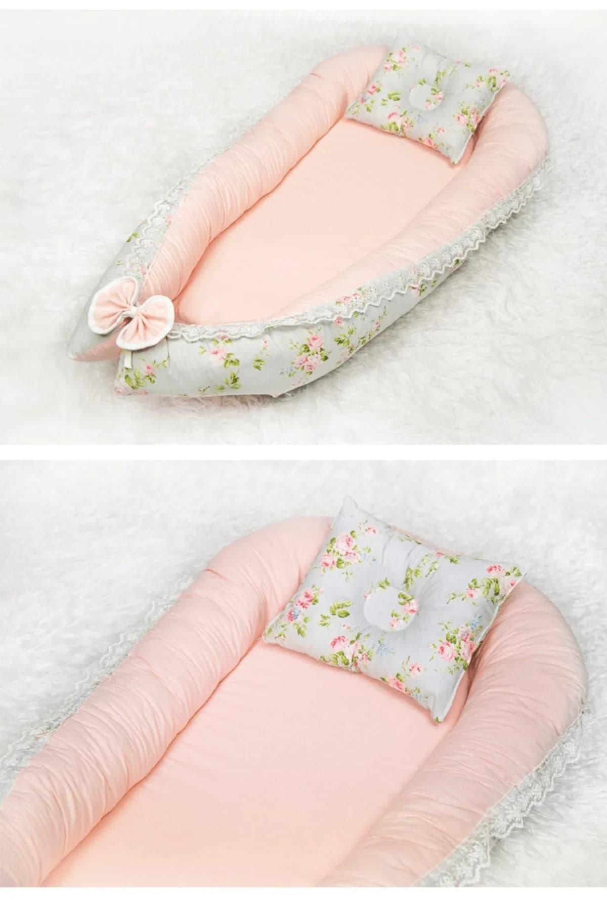 Yatak Ve Ortopedik Yastik Somon Ve Ciceklu Gupurlu Model BabyNest