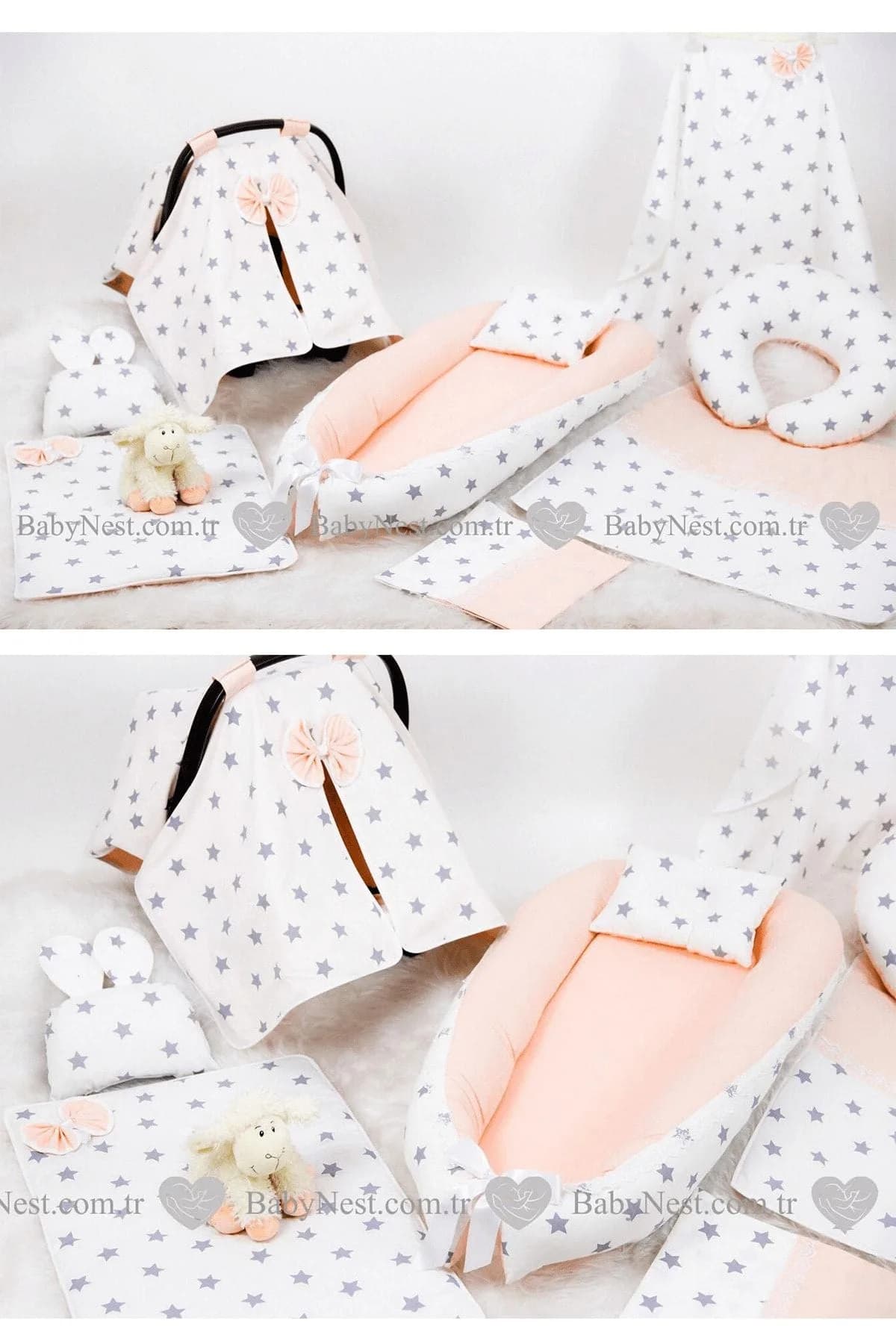 Full Set 9 Parca Ihtiyac Urunleri Gri Yildiz Ve Somon BabyNest