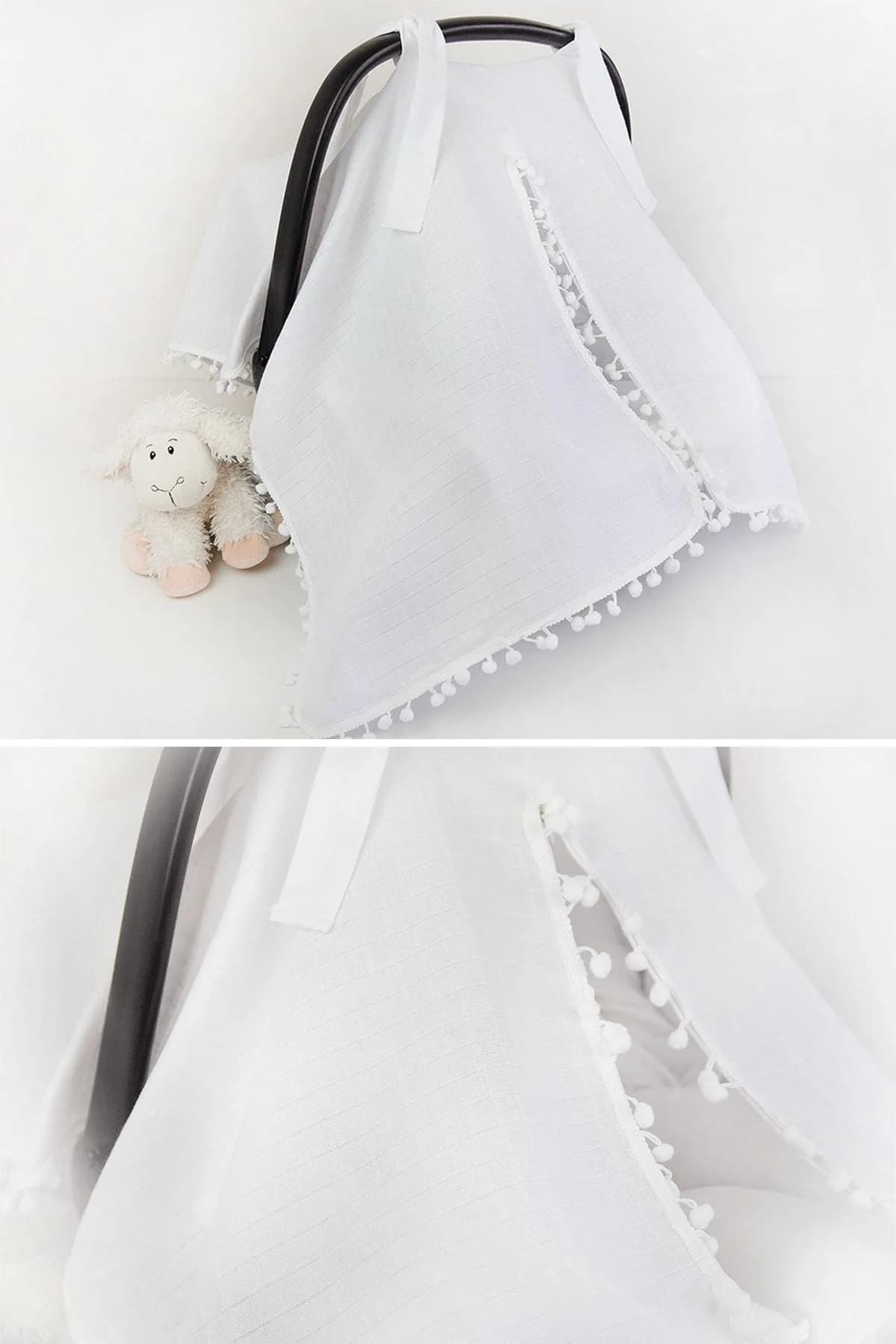 Puset Ortusu/bebek Arabasi Ortusu %100 Pamuk Beyaz Muslin Ponponlu Ve Fermuarli BabyNest