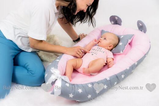 BabyNest Büyük Gri Yıldız ve Açık Pembiş - Thumbnail