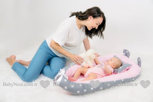 BabyNest Büyük Gri Yıldız ve Açık Pembiş - Thumbnail