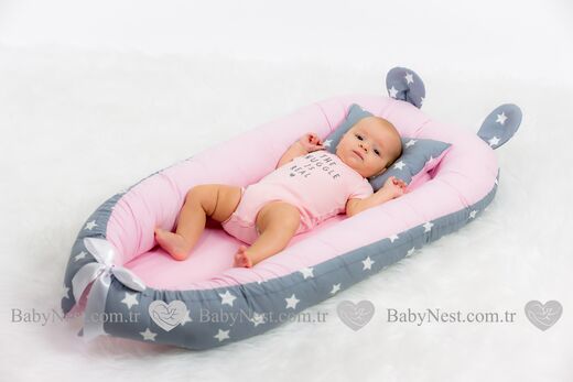 BabyNest - BabyNest Büyük Gri Yıldız ve Açık Pembiş