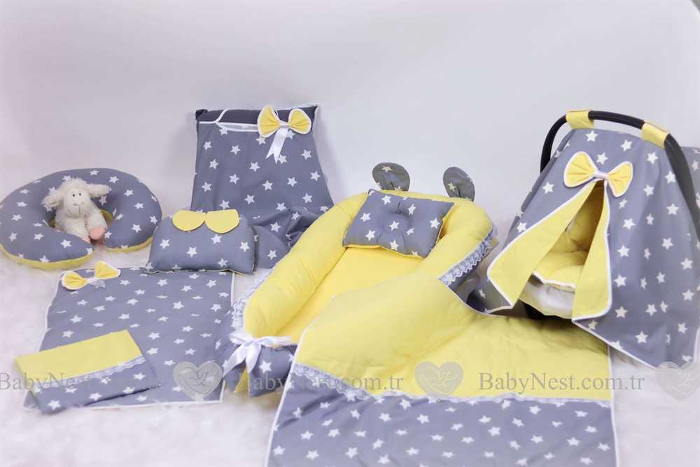 Babynest Full Seti Güpürlü Sarı Gri Yıldız