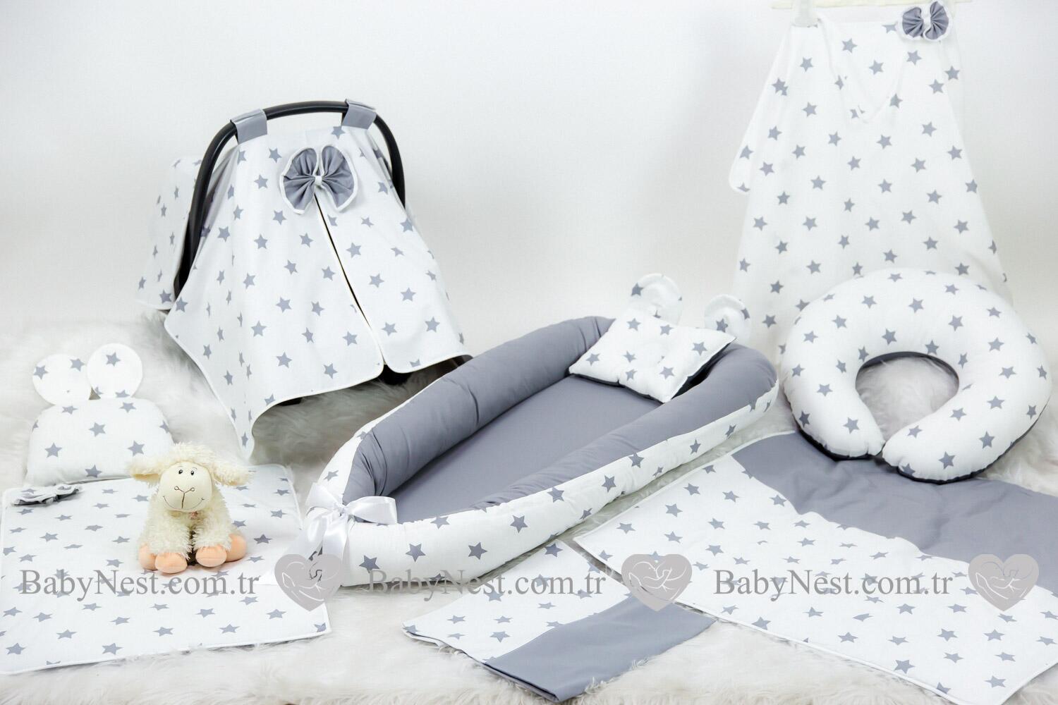 Babynest Full Seti Düz Gri Ve Gri Yıldız (açık)