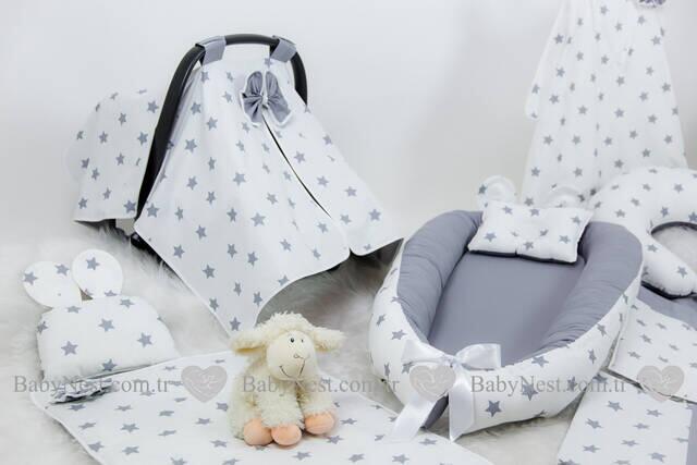 BabyNest FULL Seti Düz Gri ve Gri Yıldız (Açık)