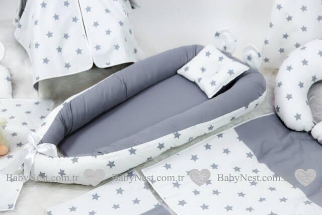 BabyNest FULL Seti Düz Gri ve Gri Yıldız (Açık)