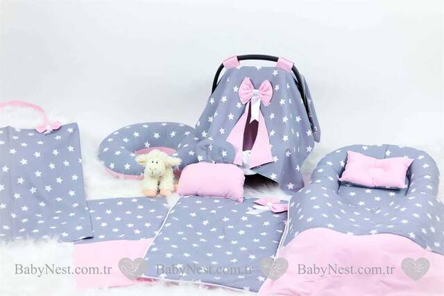 BabyNest FULL Seti Gri Yıldız ve Pembiş