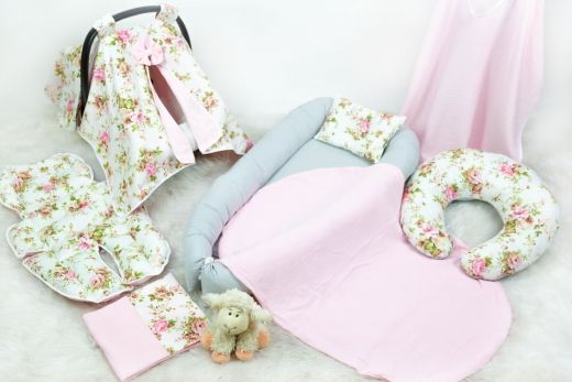 BabyNest Seti - BabyNest FULL Seti Pembe Çiçekli Müslin Set