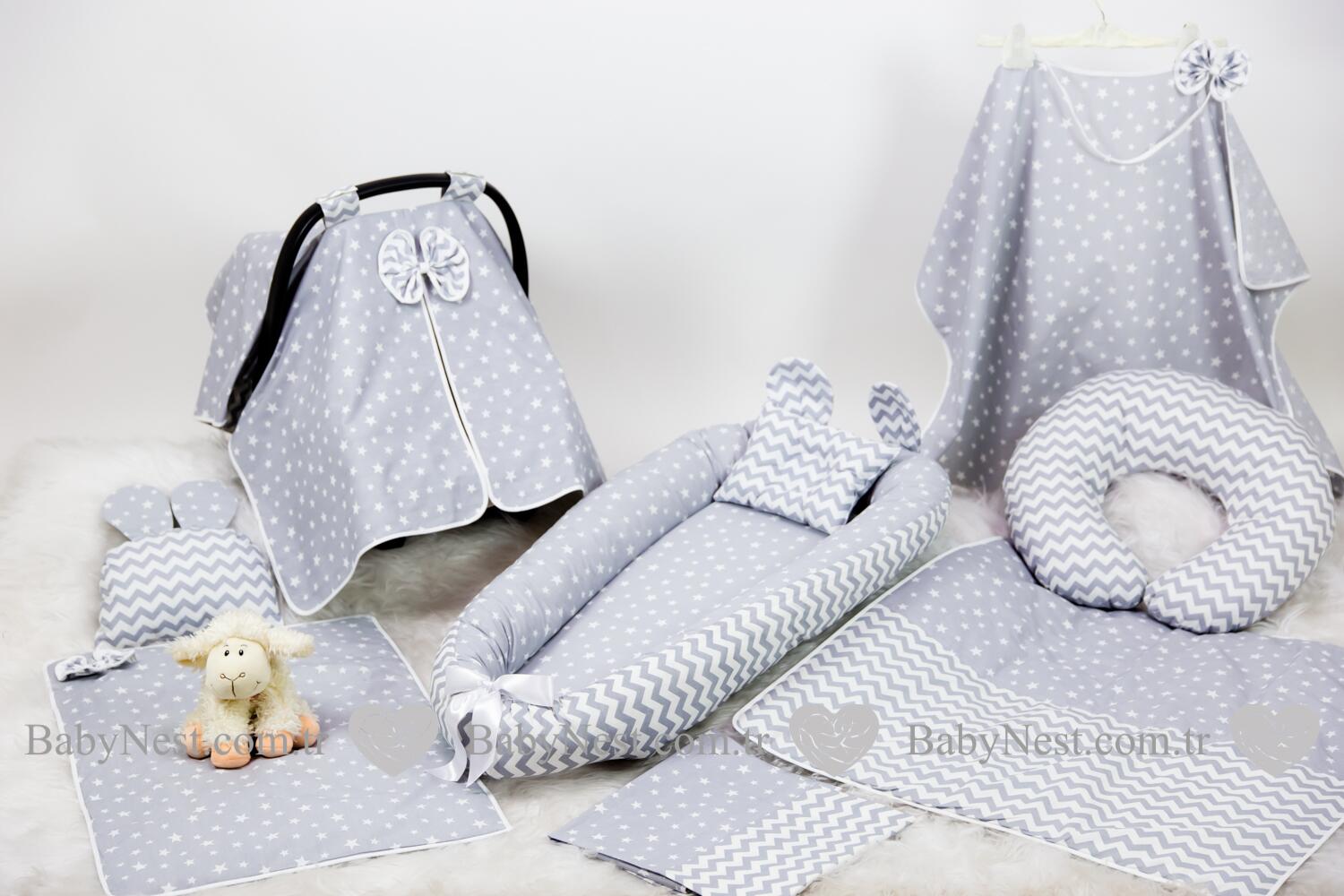 Babynest Full Seti Açık Gri Küçük Yıldız Ve İnce Zikzak