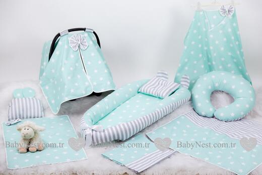 BabyNest Seti - BabyNest FULL Seti Yeşil Büyük Yıldız ve Gri Çizgili