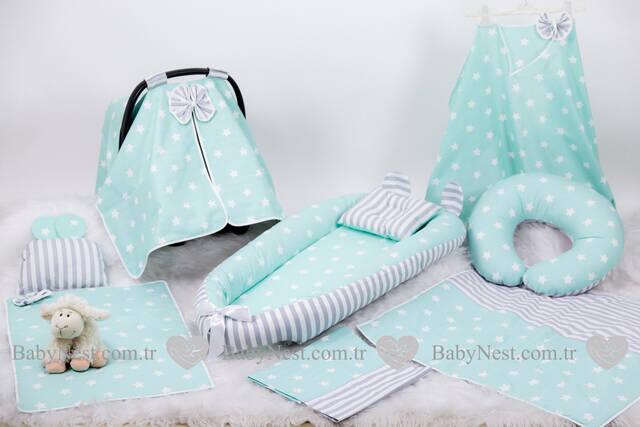 BabyNest FULL Seti Yeşil Büyük Yıldız ve Gri Çizgili