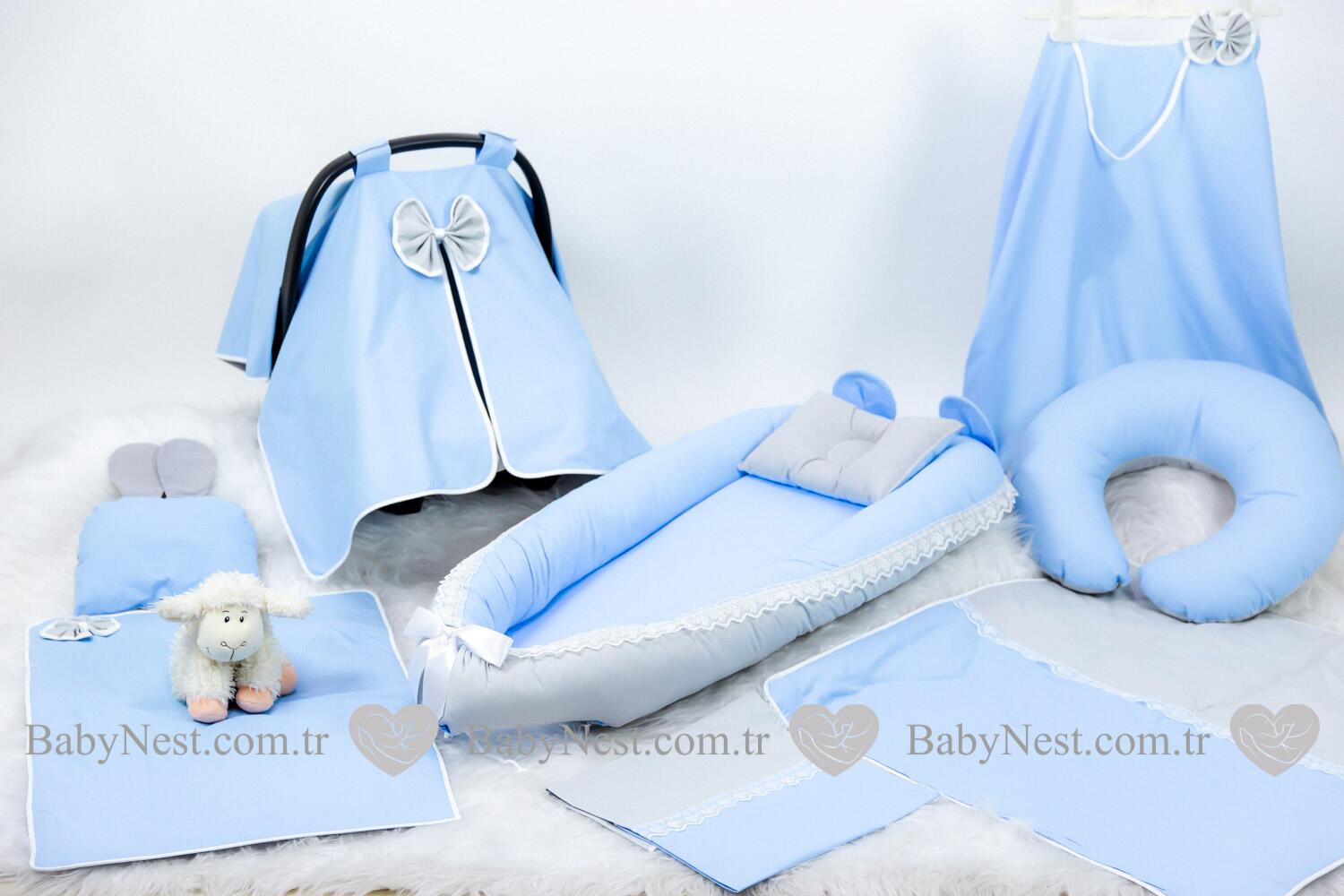 Babynest Full Seti Düz Mavi Ve Gri Güpürlü