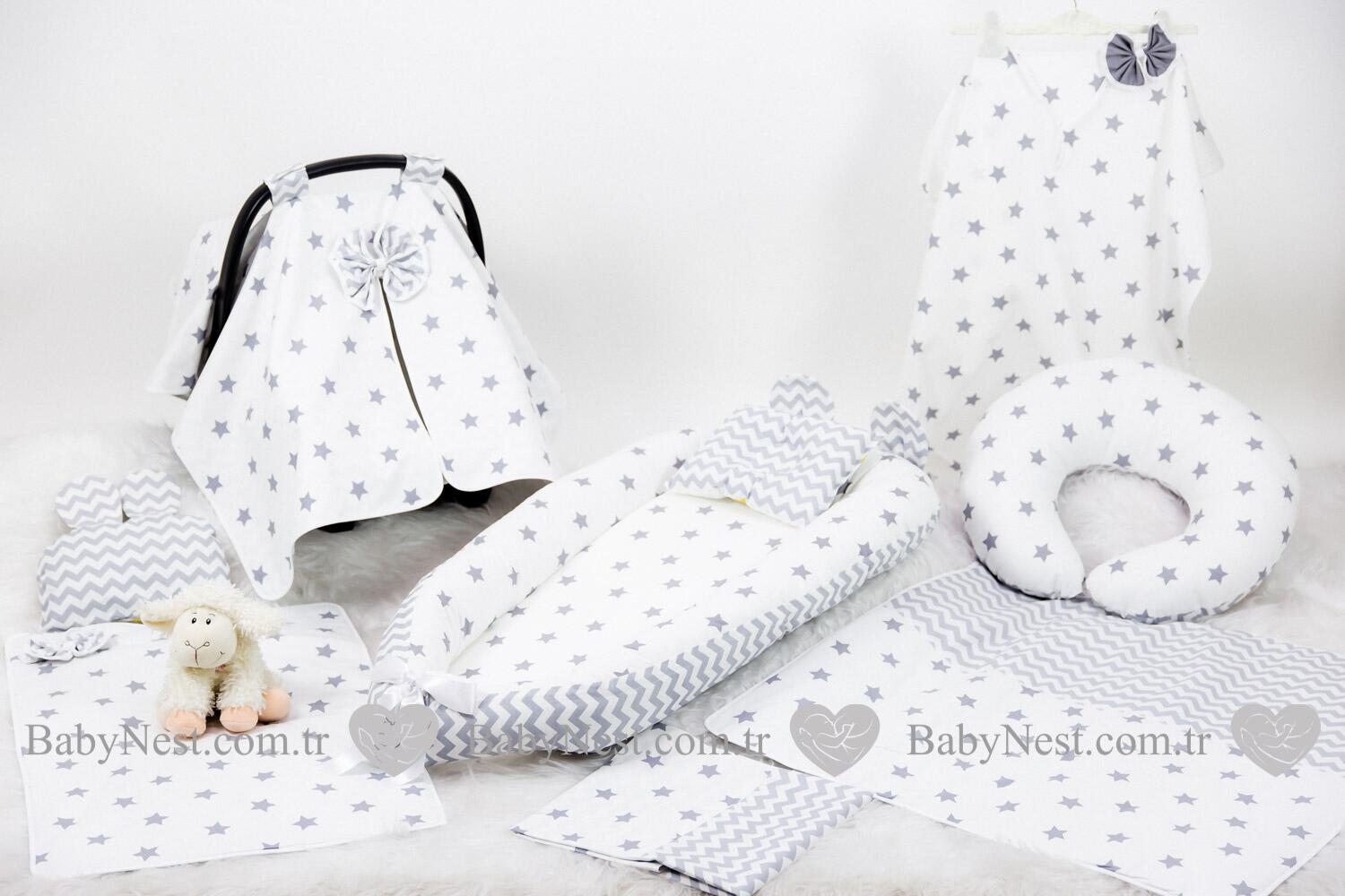 Babynest Full Seti Büyük Gri Yıldız Ve İnce Gri Zikzak