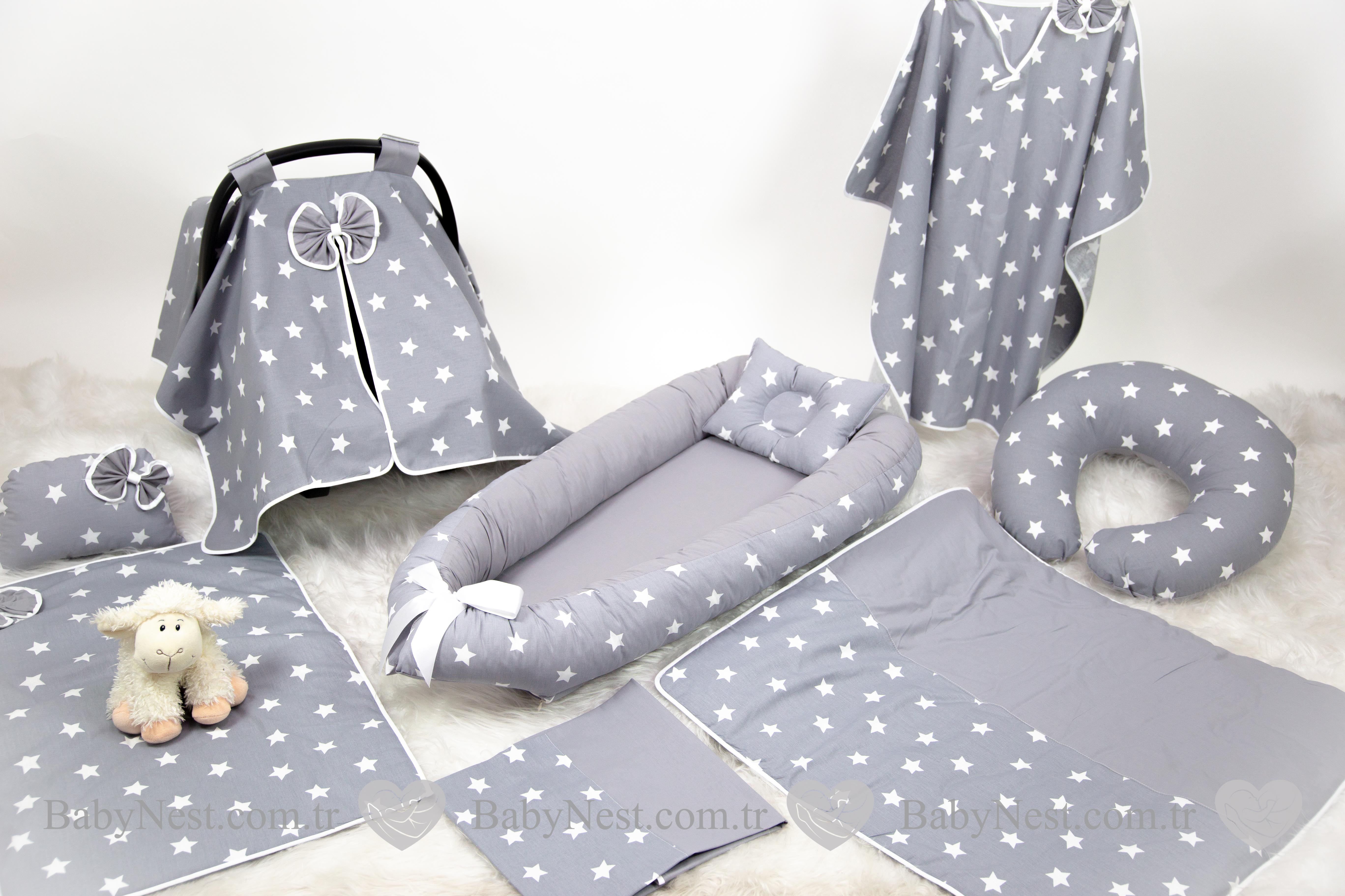 Babynest Full Seti Düz Gri Ve Gri Yıldız (koyu)