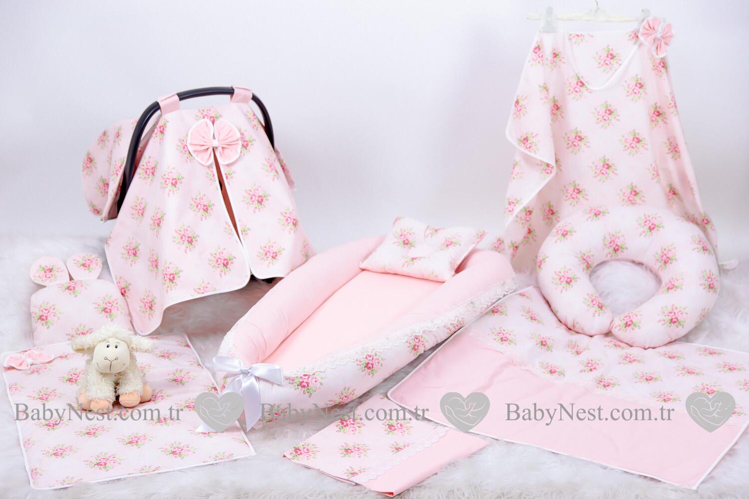 Babynest Full Seti Çiçekli Somon-pembe
