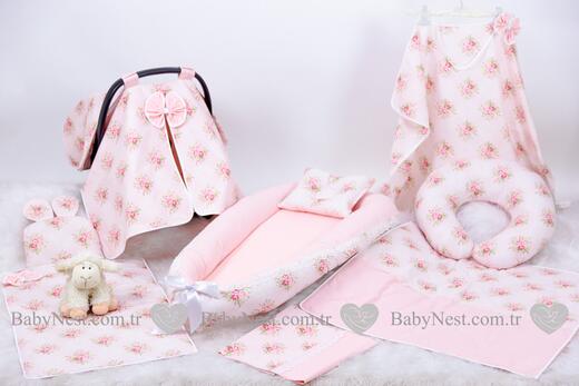 BabyNest FULL Seti Çiçekli Somon-Pembe - Thumbnail