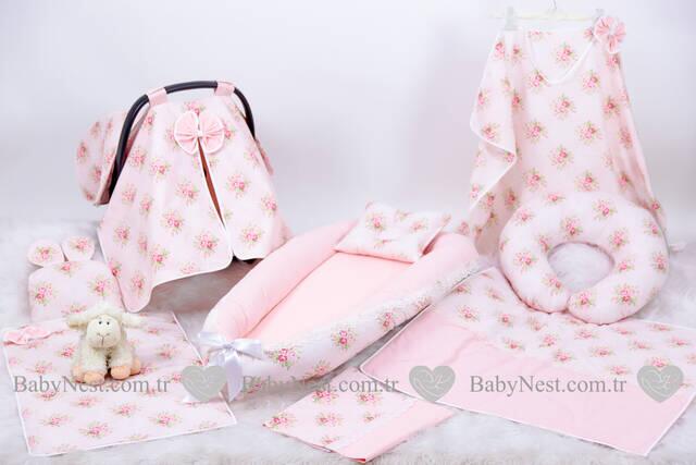 BabyNest FULL Seti Çiçekli Somon-Pembe