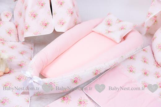 BabyNest FULL Seti Çiçekli Somon-Pembe - Thumbnail