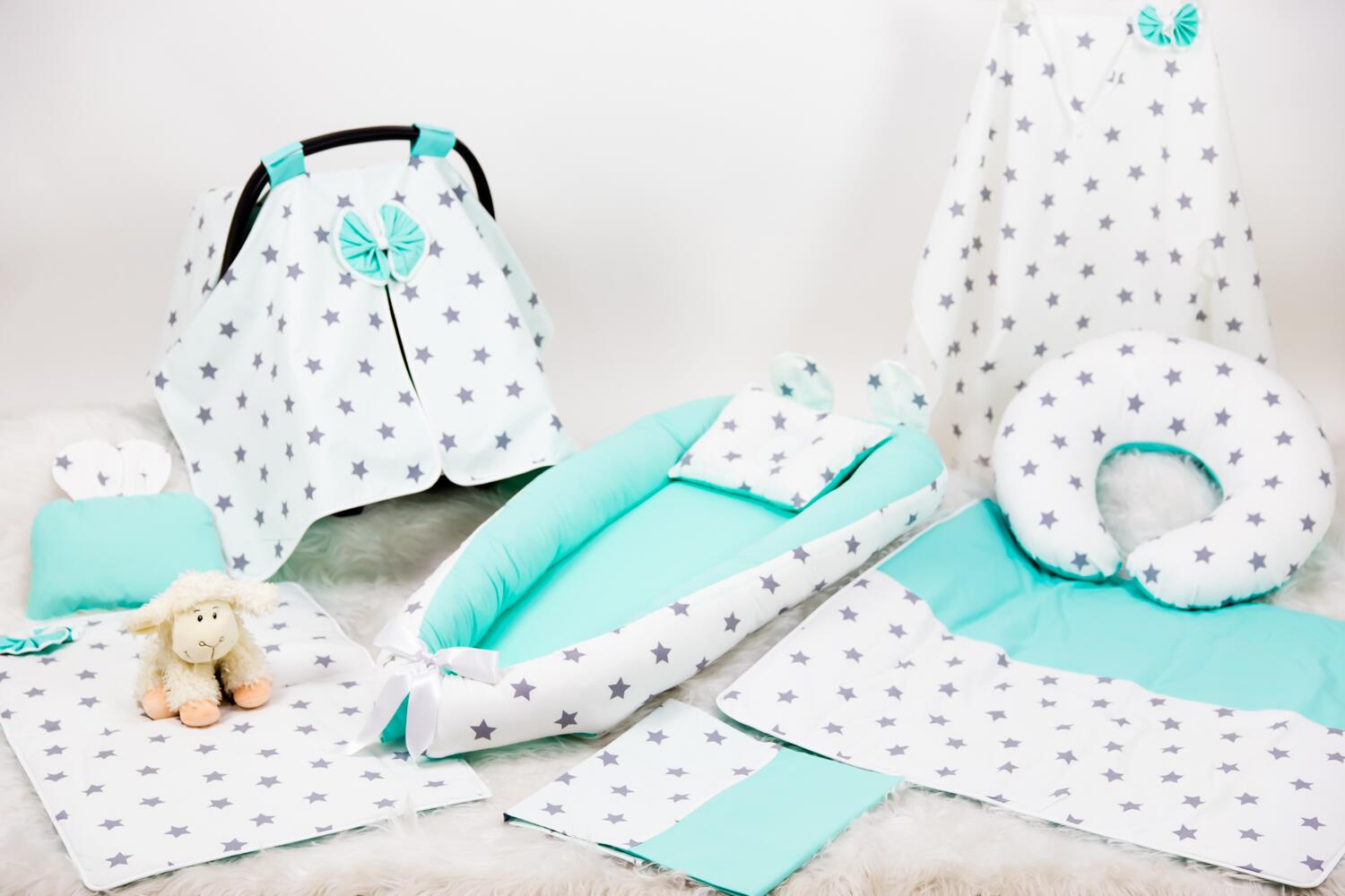 Babynest Full Seti Düz Mint Ve Gri Büyük Yıldız