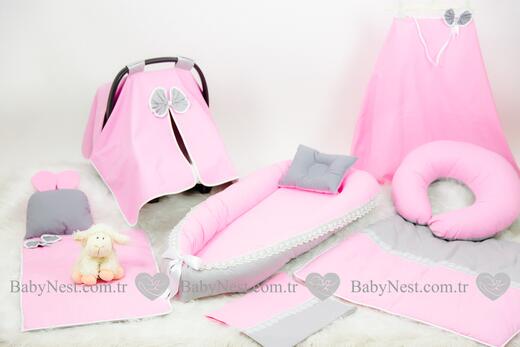 BabyNest Seti - BabyNest FULL Seti Düz Pembe ve Gri Güpürlü