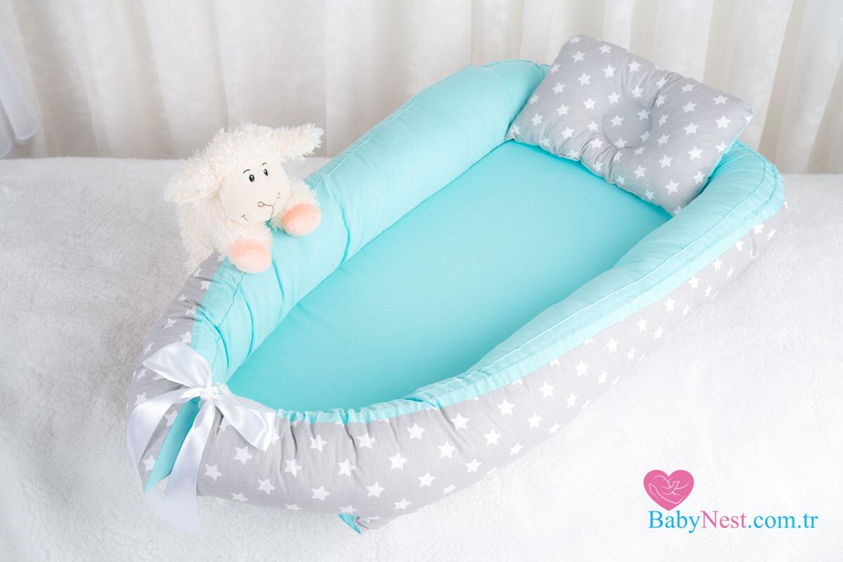 Babynest Düz Mint Ve Gri Açık Yıldız