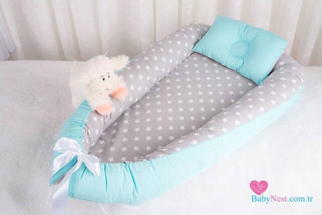 BabyNest Düz Mint ve Gri Açık Yıldız