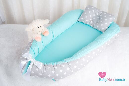 BabyNest - BabyNest Düz Mint ve Gri Açık Yıldız