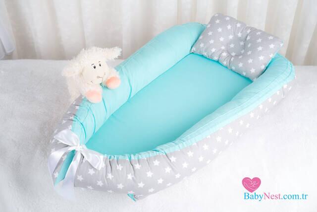 BabyNest Düz Mint ve Gri Açık Yıldız