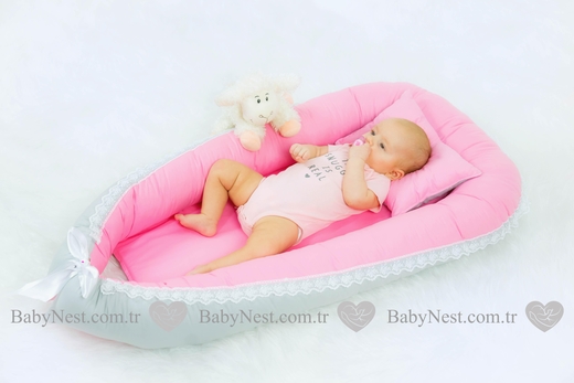 BabyNest Güpürlü Pembe ve Gri - Thumbnail