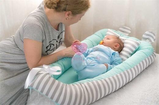 BabyNest - BabyNest Mint Yeşili ve Gri Çizgili Kulaklı