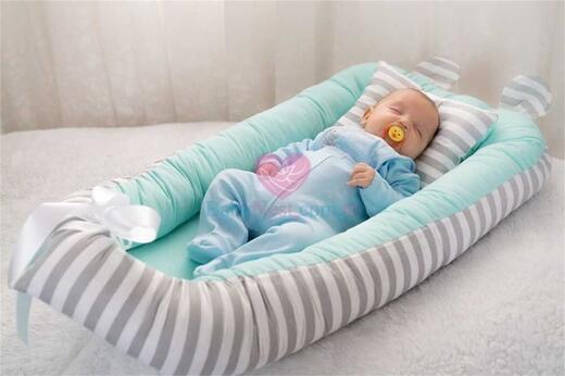 BabyNest Mint Yeşili ve Gri Çizgili Kulaklı - Thumbnail