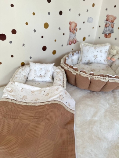 BabyNest + Oyun Minderi + İnce Örtü 5 Parça Kahve Püsküllü Pikeli Model Set - Thumbnail