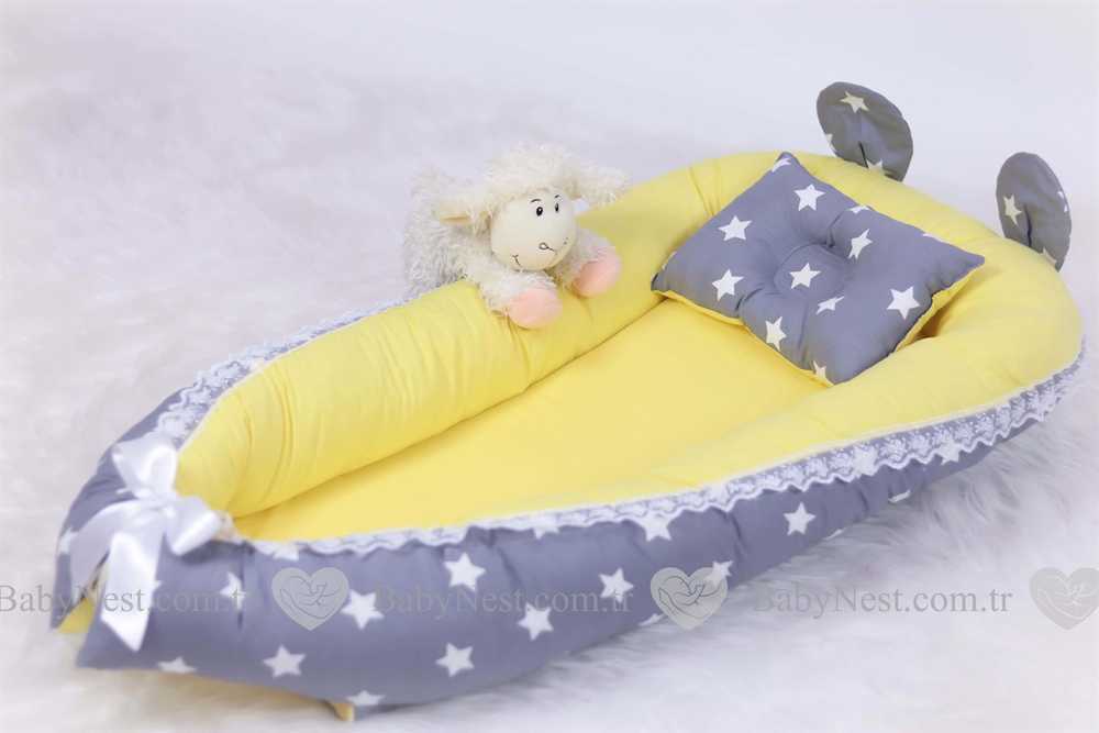 Babynest Düz Sarı Ve Gri Yıldız Güpürlü