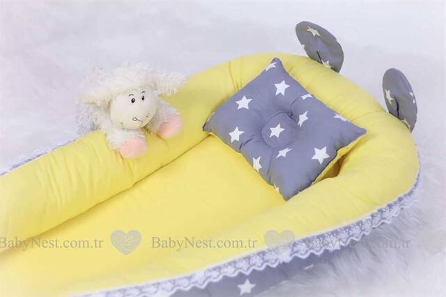 BabyNest Düz Sarı ve Gri Yıldız Güpürlü