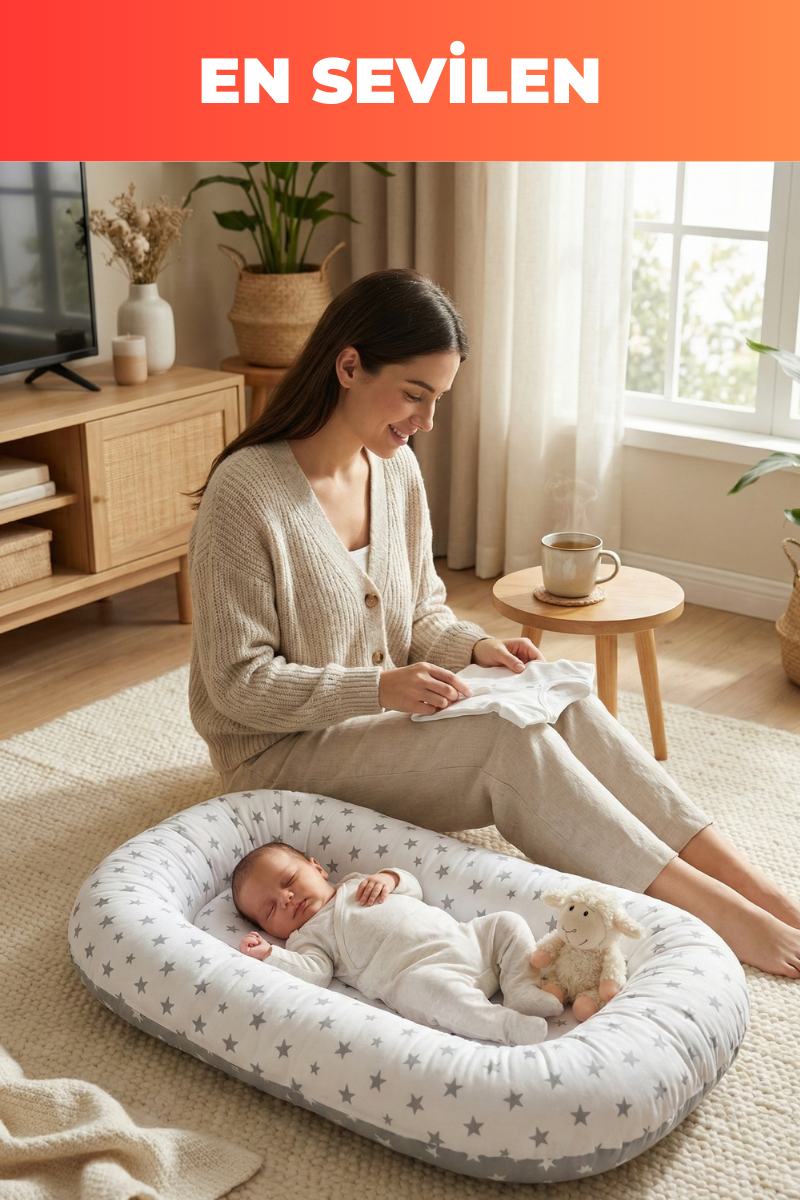 Organik Pamuk Yeni Doğan Baby Nest – Gri Yıldız Desenli – Nefes Alabilen, Anti-Alerjik, Güvenli Uyku ve Beşik İçi Kullanım