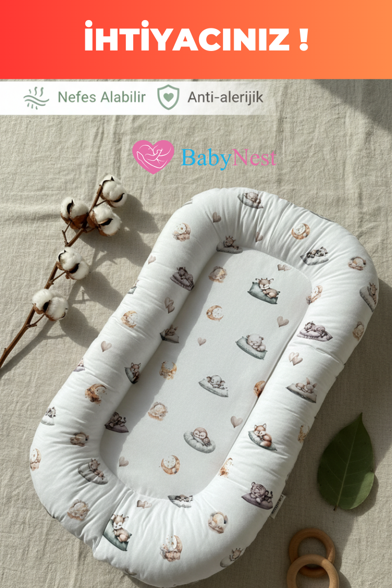Organik Pamuk Yeni Doğan Baby Nest – Uyuyan Hayvanlar Desenli – Anti-Alerjik, Nefes Alabilen, Taşınabilir ve Beşik İçi Kullanıma Uygun