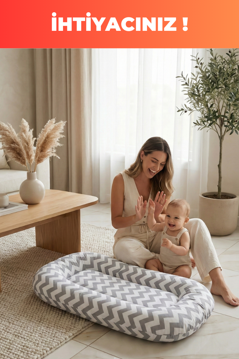 Organik Pamuk Yeni Doğan Baby Nest – Gri Zigzag Desenli – Nefes Alabilen, Anti-Alerjik, Taşınabilir & Beşik İçi Kullanıma Uygun