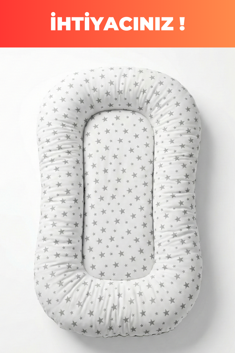 Organik Pamuk Yeni Doğan Baby Nest – Gri Yıldız Desenli – Nefes Alabilen, Anti-Alerjik, Güvenli Uyku ve Beşik İçi Kullanım
