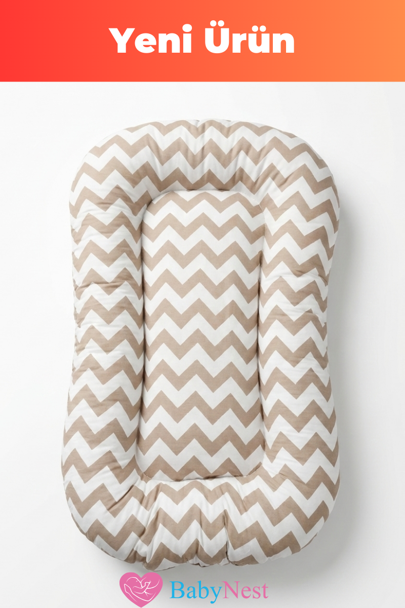 Organik Pamuk Baby Nest – Kahve Zigzag Desenli – Yeni Doğan Yatak, Nefes Alabilen, Anti-Alerjik, Güvenli Uyku Alanı