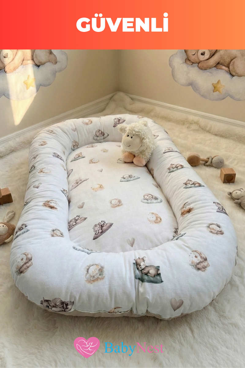 Organik Pamuk Yeni Doğan Baby Nest – Uyuyan Hayvanlar Desenli – Anti-Alerjik, Nefes Alabilen, Taşınabilir ve Beşik İçi Kullanıma Uygun