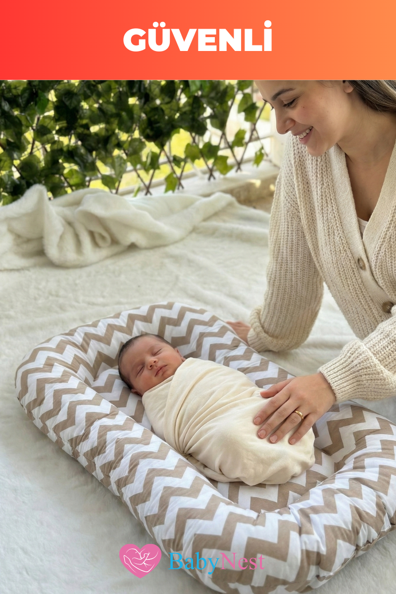 Organik Pamuk Baby Nest – Kahve Zigzag Desenli – Yeni Doğan Yatak, Nefes Alabilen, Anti-Alerjik, Güvenli Uyku Alanı