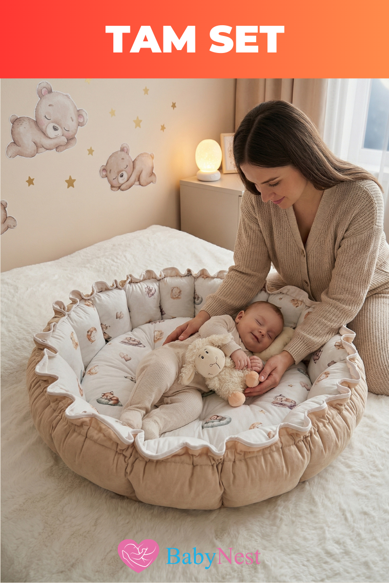 Premium Yuvarlak Oyun Minderi – %100 Pamuk, Ultra Yumuşak Dolgu, Geniş İç Alan, Emniyetli Kenar Bariyerli, Bebek Uyku ve Oyun Yatağı