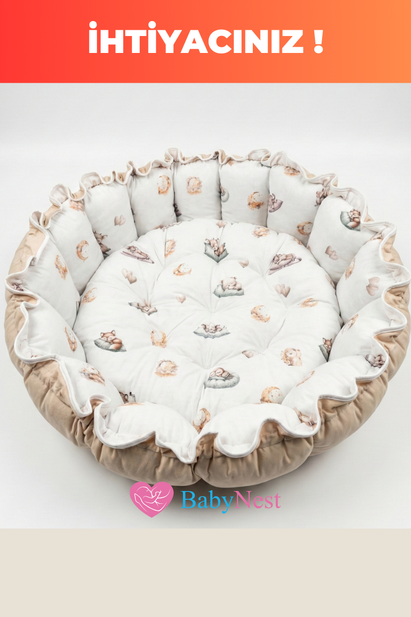Premium Yuvarlak Oyun Minderi – %100 Pamuk, Ultra Yumuşak Dolgu, Geniş İç Alan, Emniyetli Kenar Bariyerli, Bebek Uyku ve Oyun Yatağı