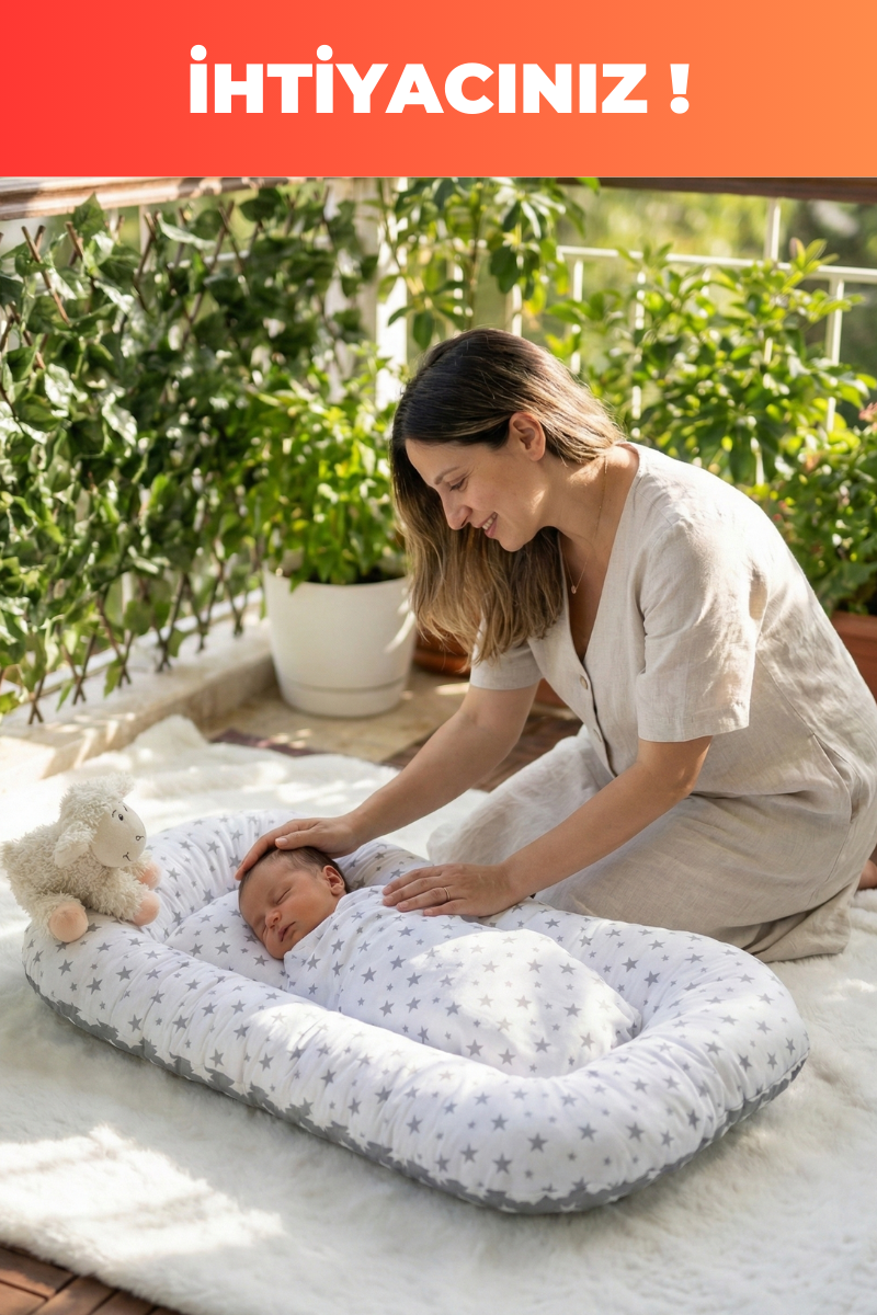 Organik Pamuk Yeni Doğan Baby Nest – Gri Yıldız Desenli – Nefes Alabilen, Anti-Alerjik, Güvenli Uyku ve Beşik İçi Kullanım