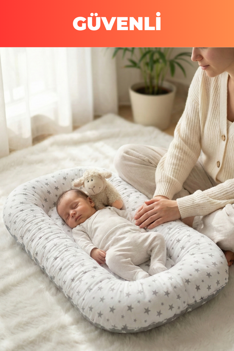 Organik Pamuk Yeni Doğan Baby Nest – Gri Yıldız Desenli – Nefes Alabilen, Anti-Alerjik, Güvenli Uyku ve Beşik İçi Kullanım